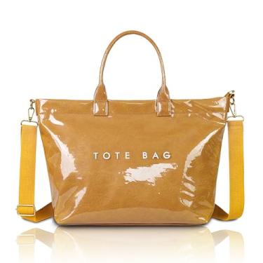 Imagem de GISMTR Bolsa feminina grande de PVC com estampa de letras, bolsa de ombro de papel kraft para trabalho e viagens, Mostarda amarela, Large