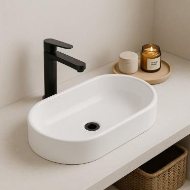 Imagem de Cuba Pia de Apoio Sobrepor Banheiro Lavabo Oval Marmore 42cm Lavatorio Cancún Branco