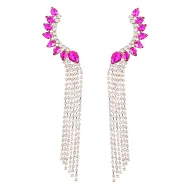 Imagem de Brinco Festa Verde Esmeralda Rosa Pink Madrinha Formatura Zircônia Ear Cuff Brilho Luxo - Brinco Debutante Convidada 15 Anos Cascata Franja Pendente Brilhante - Mãe Namorada Fim de Ano Presente Grande Maximalista (Rosa-Pink)