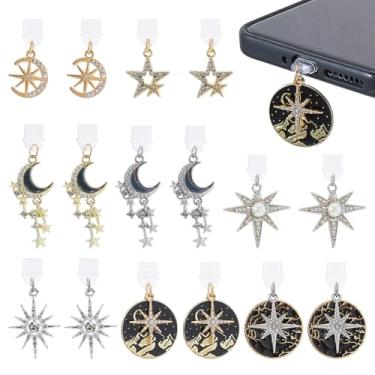 Imagem de SUPERFINDINGS 16 peças de pingentes de plugue de poeira estilo 8 berloques de porta de carregamento 30-49 mm/1,2-2 pol. Plugue móvel à prova de poeira com pingentes de sol e lua estrela USB C