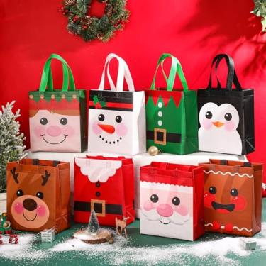 Imagem de Clysee 8 sacos de presente de Natal com alças 25 x 20 x 10 cm, reutilizáveis, multifuncionais, não tecidos, sacolas de presente de Natal, lembrancinhas de festa de Natal para presentes de Natal