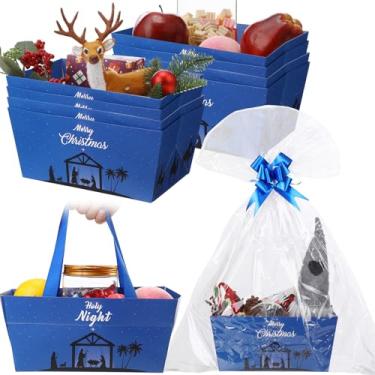 Imagem de Moinchore 12 peças de cesta de Natal para presentes vazia 24 x 15 cm, bandeja de mercado da noite sagrada, cesta de papelão azul escuro com laços, sacos de celofane, azulejos torcidos, vazia para