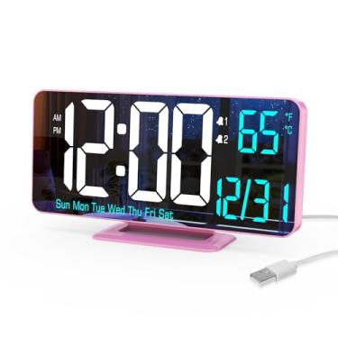 Imagem de Relógio digital rosa para câmara de 6,7 polegadas, despertador duplo com atenuação, 12/24 horas, segundos, data, dia da semana, temperatura, relógio de computador, relógio LED para decoração de mesa