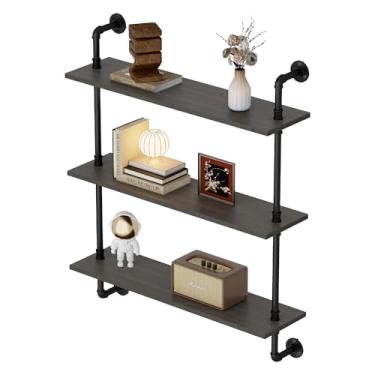 Imagem de XWNE Prateleira flutuante de tubo industrial de 3 camadas – Prateleira de armazenamento de parede de madeira rústica de 91 cm para cozinha, escritório, banheiro e decoração de casa - preta