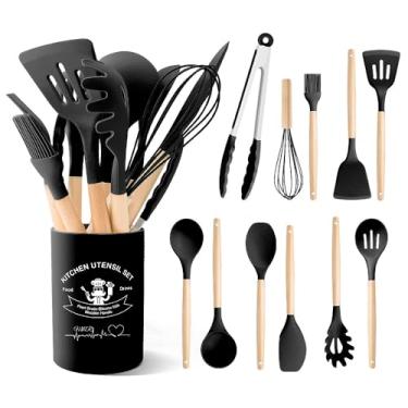 Imagem de Conjunto de utensílios de cozinha de silicone com cabo de madeira para cozinhar panelas antiaderentes de silicone resistente ao calor livre de BPA (preto)