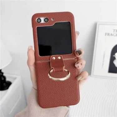 Imagem de Capa de telefone com anel de couro com padrão de litchi fosco para Samsung Galaxy Z Flip 5 4 3 Proteção de lente Capa traseira PU, anel marrom, para Sam Z Flip 5