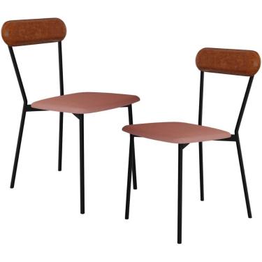 Imagem de Kit 02 Cadeiras Estofada Para Sala De Jantar Liora Preto C01 Linho Rosê Courino Caramelo - Lyam Decor