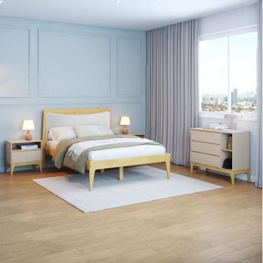 Imagem de Quarto Completo 1 Cama Casal Cabeceira Estofada 2 Mesas de Cabeceira 1 Cômoda 3 Gavetas Yescasa Cappuccino/Amêndoa