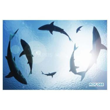 Imagem de Papel De Teto Fundo Do Mar Cardume Tubarões 3,5M Rof88 - Você Decora