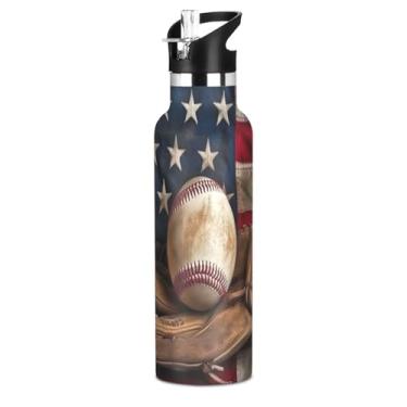 Imagem de ATTX Garrafa de água de taco de beisebol vintage com tampa de palha, copo de aço inoxidável de 590 ml isolado para viagens, ao ar livre #73