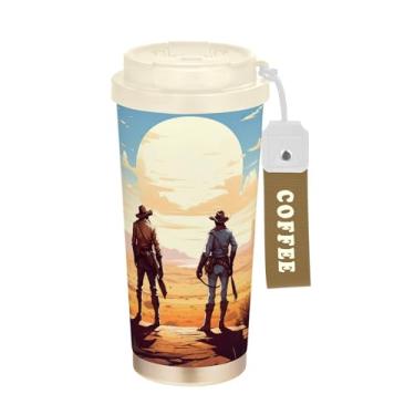 Imagem de SEHANY Caneca de viagem vintage caubói ocidental 482 g xícaras de café reutilizáveis revestidas de cerâmica com tampa à prova de vazamento, parede dupla, isolamento a vácuo, copo de café de aço