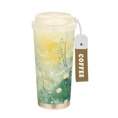 Imagem de SEHANY Caneca de viagem Green Grasses Wildflower 482 g Copos de café reutilizáveis revestidos de cerâmica com tampa à prova de vazamento, parede dupla, isolamento a vácuo, copo de café de aço