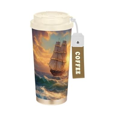 Imagem de Blueangle Caneca de café isolada com pintura a óleo de barco à vela - copo de aço inoxidável à prova de vazamento e derramamento para acampamento e ar livre, garrafa de água reutilizável de 500 ml com