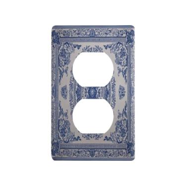 Imagem de Blueangle Placa de parede frente e verso estilo porcelana azul e branca, tamanho padrão, placas de cobertura de tomada elétrica de 1 gangue para decoração de quarto de escritório em casa, 4,53 x 2,76