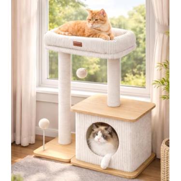 Imagem de Nordic Loft Torre de árvore para gatos com poste para arranhar, torre moderna para gatinhos com poste para arranhar, arranhador de sisal, condomínios aconchegantes, cama acolchoada para gatos internos