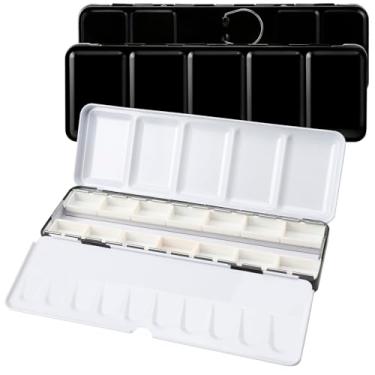 Imagem de HAUSTGO Lata de paleta de aquarela vazia com 12 panelas, design esmaltado durável com poços de mistura e anel de polegar, pronto para viagem para pintura Plein Air - Leve sua arte para qualquer lugar