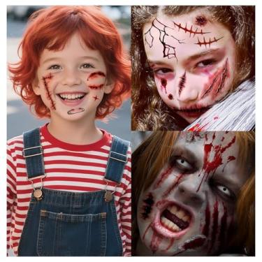 Imagem de Cerlaza Decorações de Halloween, tatuagens temporárias de zumbis, cicatrizes falsas, kit de maquiagem de Halloween, filme de terror grande tatuagem de ferida de cicatriz acessórios de festa, fantasias