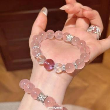 Imagem de Pulseira de cura de pedra preciosa natural rosa para mulheres, pulseira de cristal de ansiedade para meditação, ioga, cura espiritual e energia positiva