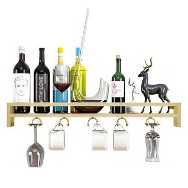 Imagem de Rack de vinho industrial montado na parede - Prateleira flutuante de metal com suporte para copo de vinho, exibição de garrafa de licor que economiza espaço, grande organizador de armazenamento (ouro