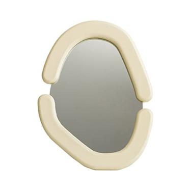 Imagem de Espelho de penteadeira vintage espelho de madeira creme branco tronco marrom enfeite de mesa espelho cosmético pode ser montado na parede espelho de mesa de um lado espelho de maquiagem (branco)