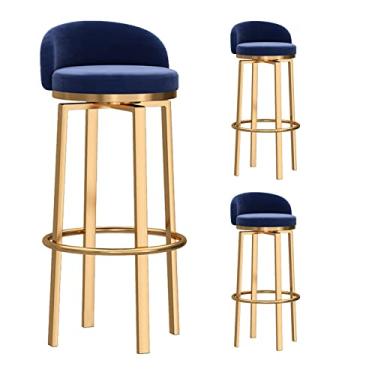 Imagem de Conjunto de 3 bancos de bar com altura de balcão, bancos de bar estofados giratórios de 360° com encosto e pernas de metal, altura do assento de 65 cm, azul