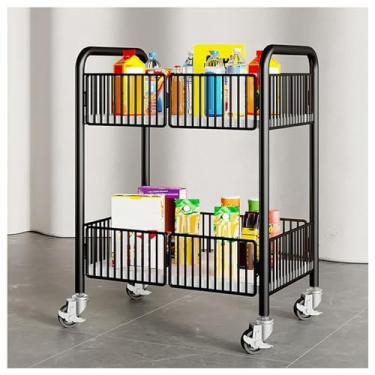 Imagem de Carrinhos de armazenamento dobráveis com rodízios - Carrinhos duplos que economizam espaço para sala de estar, quarto, cozinha - Carrinho móvel multifuncional (preto)