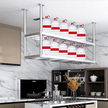 Imagem de Prateleira suspensa de aço inoxidável de 2 camadas - Rack de armazenamento moderno para montagem no teto, prateleiras flutuantes elegantes para cozinha, suporte de flores e organizador de vinho (90 x