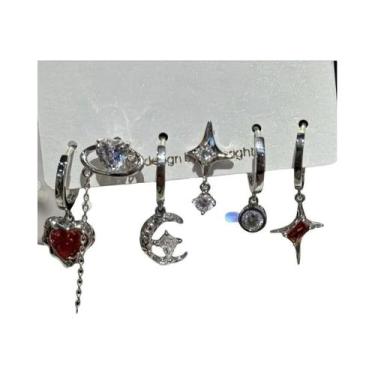 Imagem de Conjunto De Brincos Com Pingente De Coração, Lua, Cruz E Estrela Em Cr