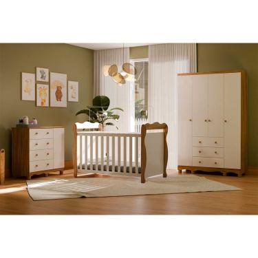 Imagem de Quarto Infantil Completo 3 Peças (1GuardaRoupa+1Berço+1Cômoda) QI113 Branco/Amêndoa - Peroba