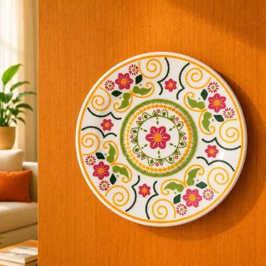Imagem de Pires Decorativo de Cerâmica com Suporte para Parede Sala Cozinha Quarto Branco