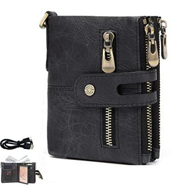 Imagem de Carteira Masculina com Corrente Bolsa de Couro Genuíno Bloqueio RFID Bifold Duplo Zíper Moeda Bolso com Corrente Antifurto (Black)