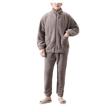 Imagem de Conjunto de pijama masculino de flanela de cor sólida, conjunto de pijama com zíper, conjunto de 2 peças, Cinza-claro, XXG