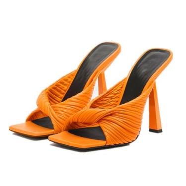 Imagem de Fawexwry Summer Plus Size feminino bico quadrado salto alto agulha cor sólida couro genuíno plissado taças e sandálias de vinho, Laranja, US9 EU43