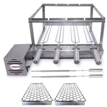 Imagem de Kit Inox Para Churrasqueira 4 Espetos Giratório Brasa Grill + 2 Grelha