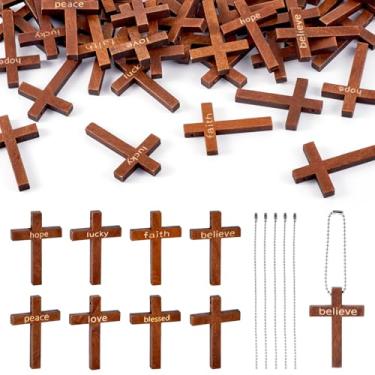 Imagem de Beadthoven 80 unidades de pingentes de cruz de madeira natural com 80 peças de correntes de esferas, palavras inspiradoras, pingentes de cruz de madeira, pequenos pingentes de cruz, crucifixo de