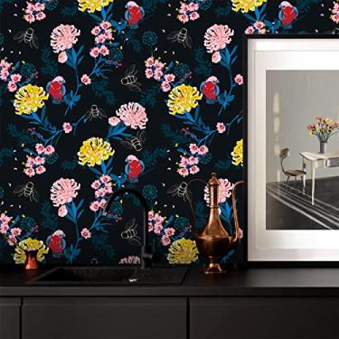 Imagem de CRE8TIVE Papel de parede floral preto 60,96 cm x 299,66 cm Papel de parede floral vintage amarelo/rosa margarida mural pássaro abelha floral papel de contato autoadesivo removível papel de vinil para armários de banheiro prateleiras