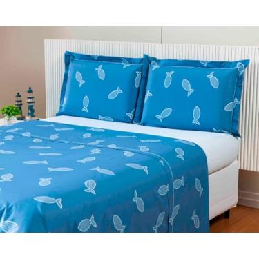 Imagem de Jogo De Cama Queen 100% Algodão Aba Americana Andreza - 4 Peças (Fish Azul)