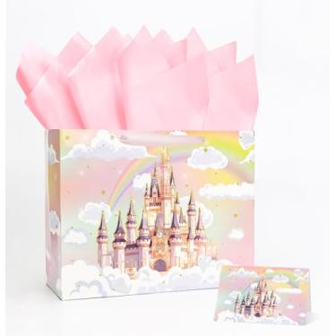 Imagem de MUNILAIL Bolsa de presente de castelo de 33 cm para meninas, grande bolsa de presente com alça de papel de seda e cartão comemorativo para crianças, festa temática de princesa, grande bolsa de