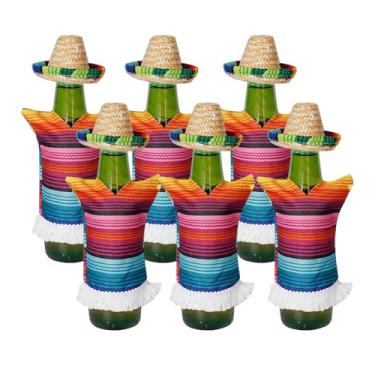 Imagem de 12 peças de mini chapéus sombrero, serapes para garrafas decorações mexicanas, chapéu Viva Mexicanos para Fiesta Straw, minúsculas, sombrero largo, para suprimentos Cinco de Mayo, decoração de festa do México