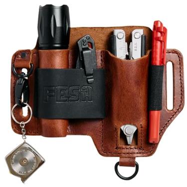Imagem de FESA Bainha de couro multiferramentas para cinto - Bolsa organizadora de couro de flor integral para canivete de bolso tático, lanterna e caneta - com gancho de pressão - bolsa de cinto EDC para uso