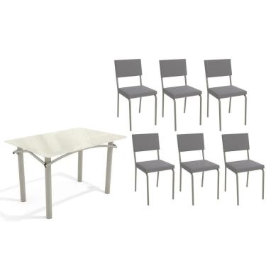 Imagem de Sala de Jantar Completa Elba Tampo Madeirado c/ Vidro 120cm e 6 Cadeiras Zaria Niquel/Off White - Suede Cinza - Kappesberg
