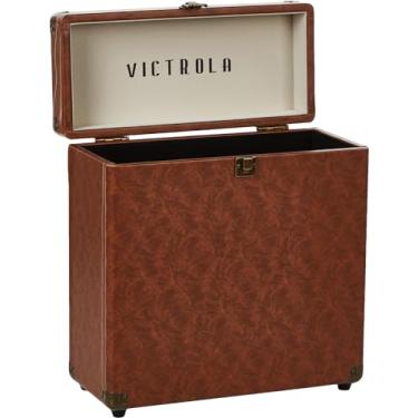 Imagem de Victrola Vintage Estojo de armazenamento e transporte de discos de vinil, serve para todos os discos padrão - 33 1/3, 45 e 78 RPM, comporta 30 álbuns, perfeito para sua coleção de discos de tesouro, marrom