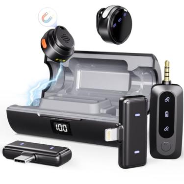 Imagem de Moman Microfone de lapela sem fio para iPhone/Android/câmera/laptop/PC, mini clipe/microfones magnéticos para Lightning/USB-C/3,5 mm, microfone Lav de lapela com cancelamento de ruído ativo, 48H para