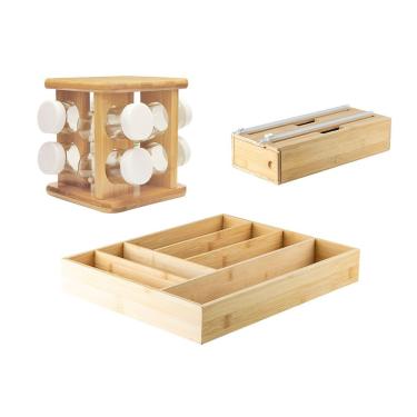 Imagem de Kit Organizador De Gaveta Com 01 Porta Temperos + 01 Porta Rolos + 01 Organizador Talheres Em Bambu Ou