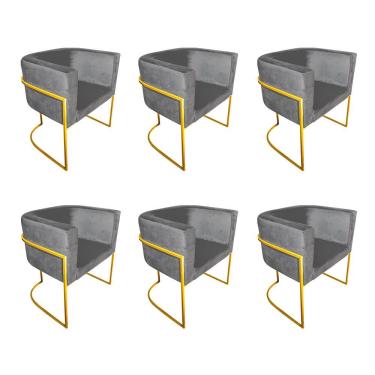 Imagem de Kit 6 Cadeiras De Jantar Premium Base De Ferro Dourada Veludo Cinza