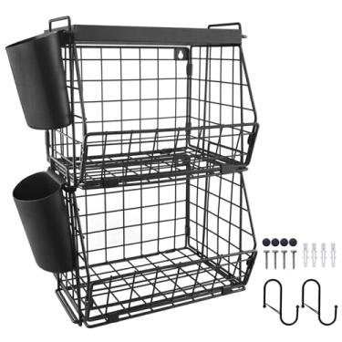 Imagem de Cestas organizadoras empilháveis – cesta de 2 camadas com bandeja, copos, ganchos para café, cozinha, despensa, armazenamento de escritório, prateleiras de parede ou suporte de mesa para lanche de