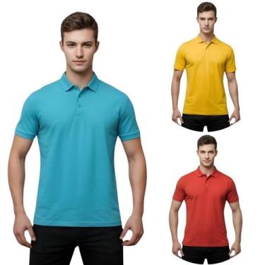 Imagem de Kit 3 Camisas Masculina Gola Polo Piquet - Genérico, Turquesa, Ouro, V