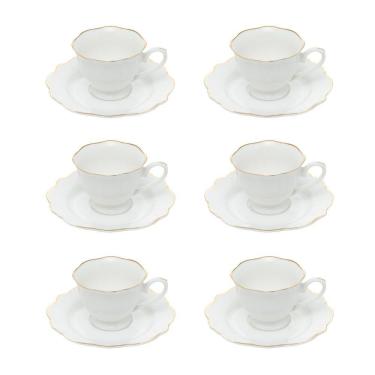Imagem de Cj 6 Xícaras P/Chá C/Pires de Porcelana Branca Maldivas C/Filete Dourado 180ml Wolff