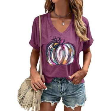 Imagem de Camiseta feminina de outono KYVPO Pumpkin com decote em V roxa L