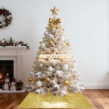 Imagem de PartyDelight Saia de árvore de Natal dourada de 116,8 cm com lantejoulas quadradas brilhantes para árvores de 1,5 m a 2,4 m, cantos, paredes e exibição de lareira